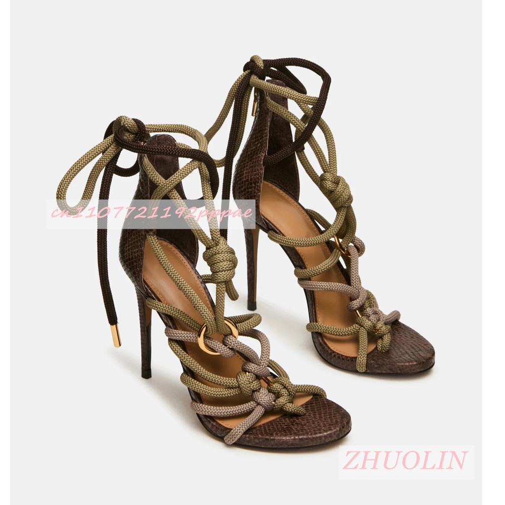 Women'S Shoes Quality - Retro Snakeskin Thick Rope Crisscross Strap