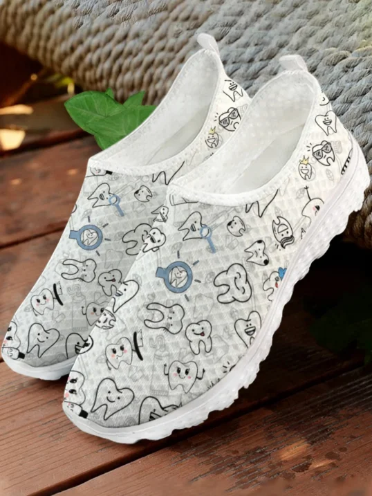 White Cartoon Teeth Print Mesh - Women Shoes Tennis review and price