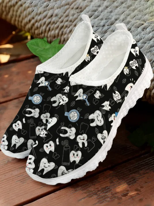 White Cartoon Teeth Print Mesh - Women Shoes Tennis review and price