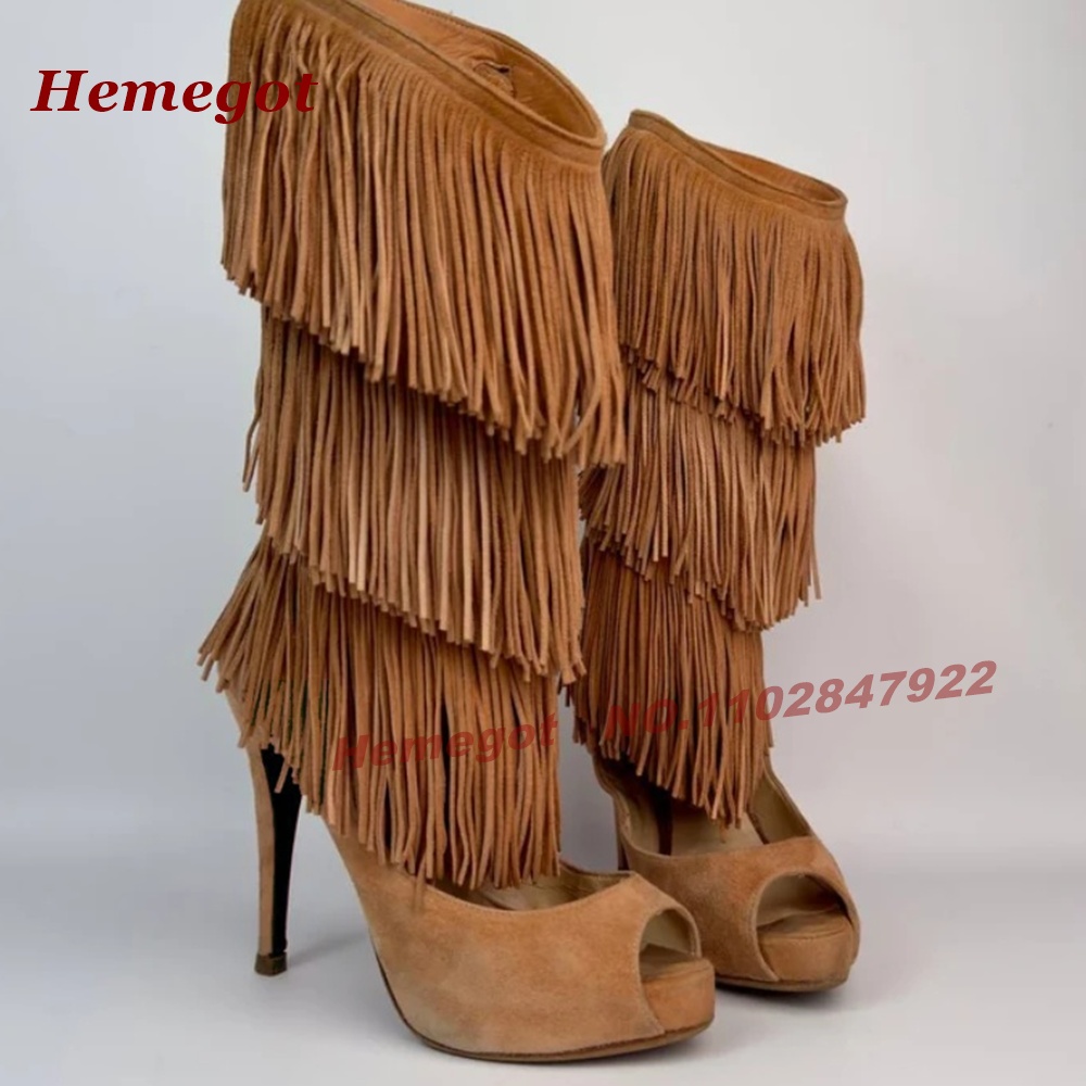 Tiered Fringe Peep‑Toe High He - Knee High Boots Women review and price